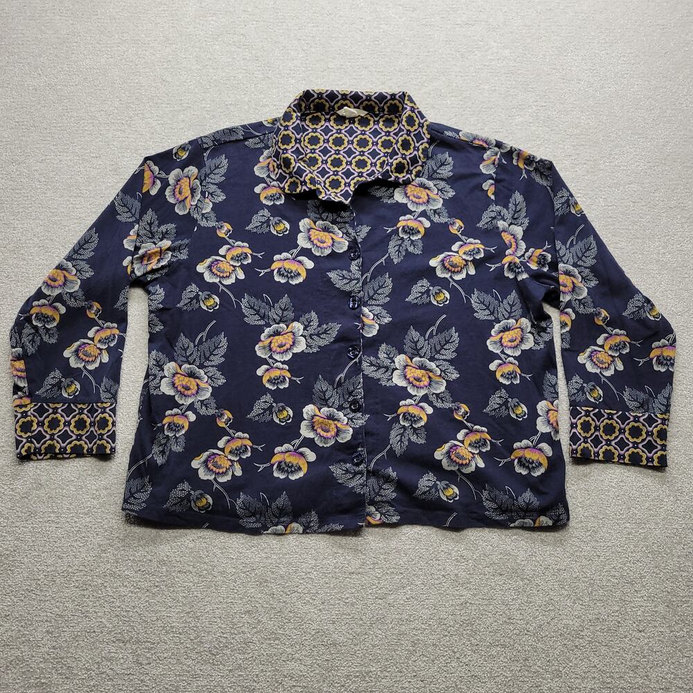 Vera Bradley Womens XXL Floral Button Front Blouse Shirt Blue Purple Long Sleeve